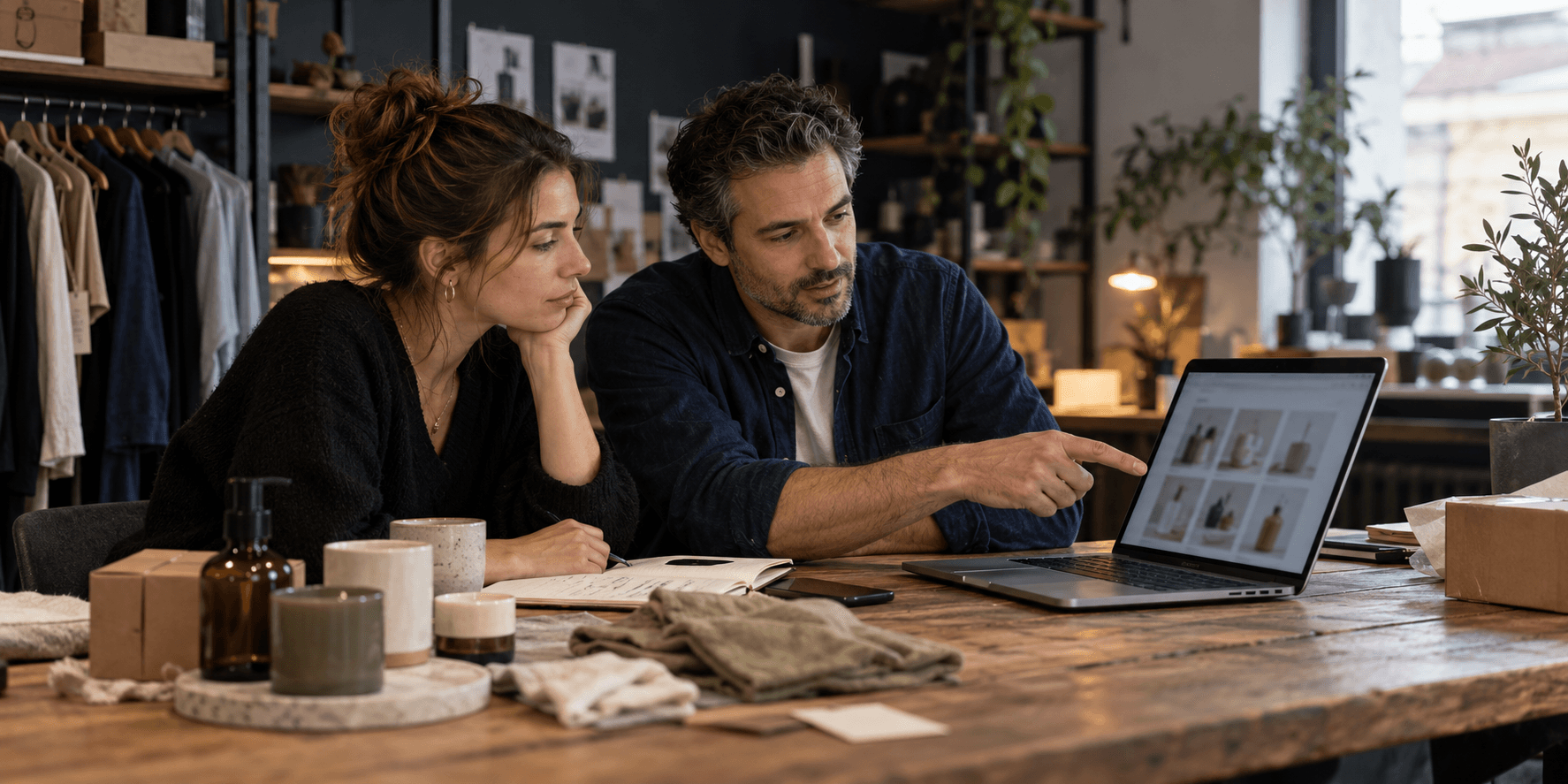 An e-commerce business owner reviews an online store with a consultant.